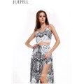 Europe Retro Summer Fashion Printed Suit Women Sexy V-Neck Camisole Piece Split Culottes Dress